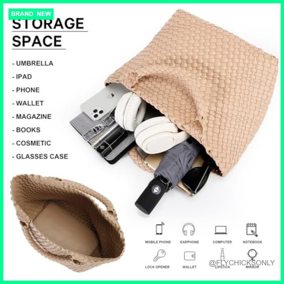 Vegan Leather Tote Shoulder Bag with Clutch, Faux Leather Woven Handbag - Picture 4 of 7